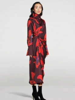 Draped Silk Dress In Lily Print