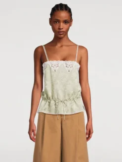 Drawstring Floral Jacquard Silk Cami