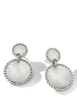 Dy Elements® Double Drop Earrings In Sterling Silver With Mother Of Pearl And Pavé Diamonds