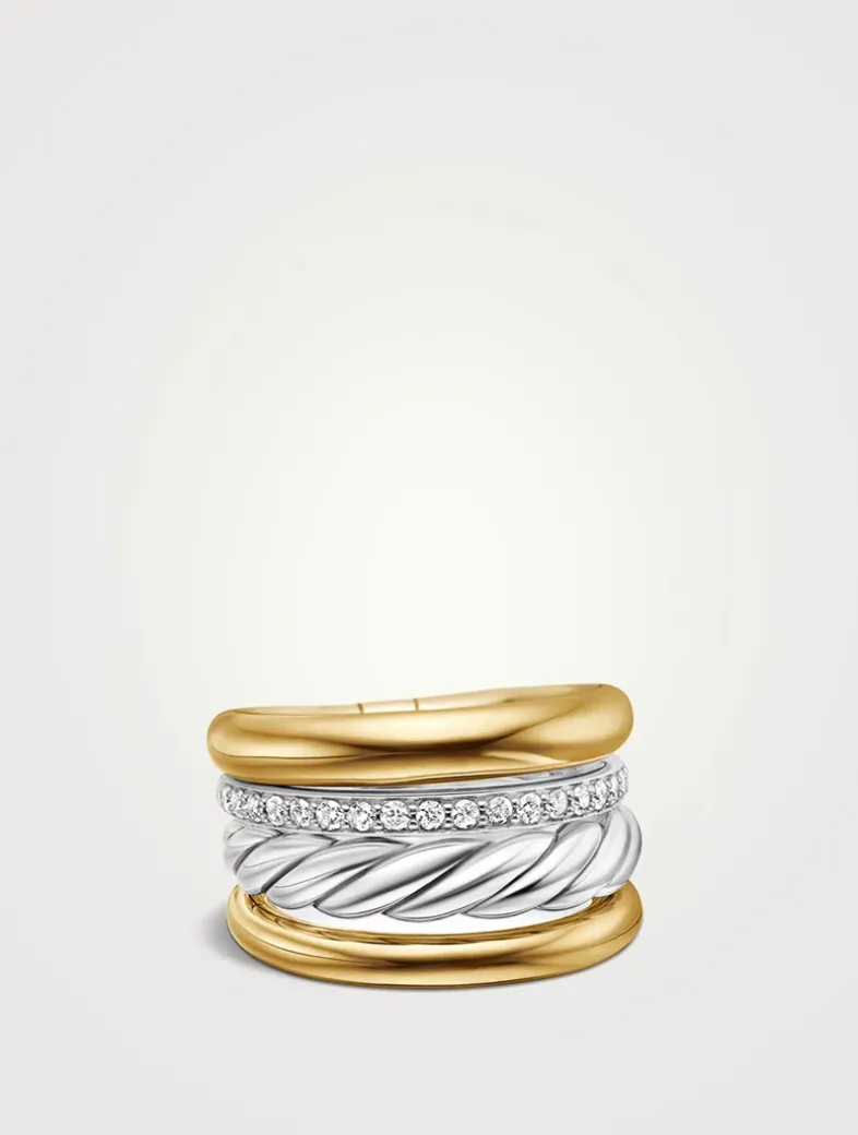 Dy Mercer® Four Row Ring In Sterling Silver With 18k Yellow Gold And Diamonds, 13.8mm