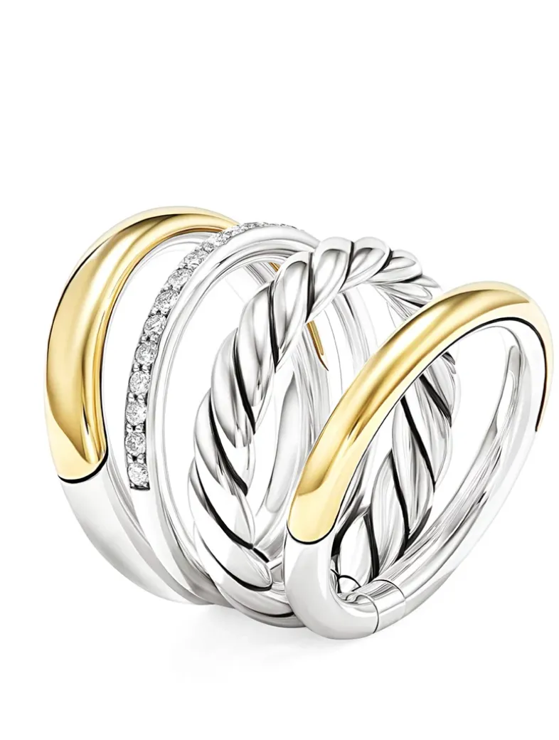 Dy Mercer® Four Row Ring In Sterling Silver With 18k Yellow Gold And Diamonds, 13.8mm