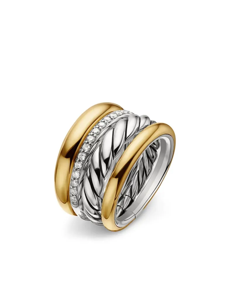 Dy Mercer® Four Row Ring In Sterling Silver With 18k Yellow Gold And Diamonds, 13.8mm