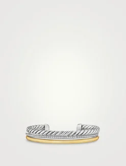 Dy Mercer® Three Row Cuff Bracelet In Sterling Silver With 18k Yellow Gold And Diamonds, 10.4mm