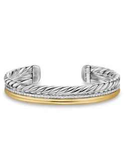 Dy Mercer® Three Row Cuff Bracelet In Sterling Silver With 18k Yellow Gold And Diamonds, 10.4mm