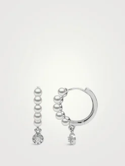 Eclipse 18K White Gold Pearl Hoop Earrings With Diamonds