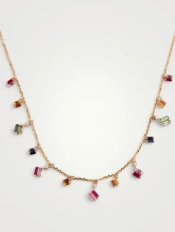 Fireworks 18K Rose Gold Cascade Necklace With Rainbow Sapphires And Diamonds