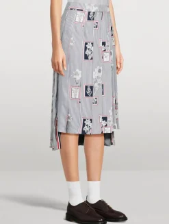 Floral-Embroidered Pleated Silk Midi Skirt In Stripe Print