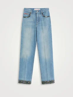 Floral-Trimmed Straight-Leg Jeans