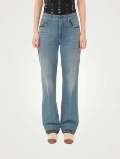 Floral-Trimmed Straight-Leg Jeans