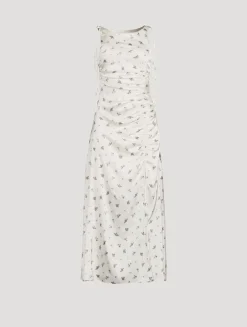 Gathered Satin Maxi Dress In Floral Print