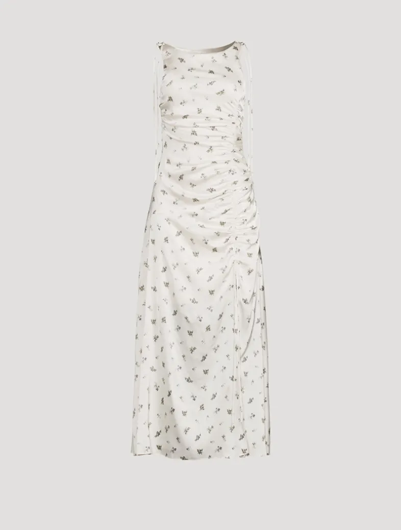Gathered Satin Maxi Dress In Floral Print