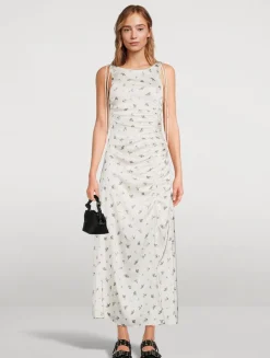 Gathered Satin Maxi Dress In Floral Print