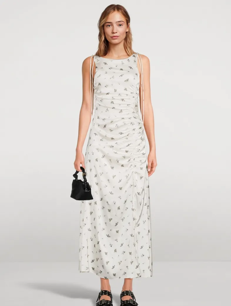 Gathered Satin Maxi Dress In Floral Print