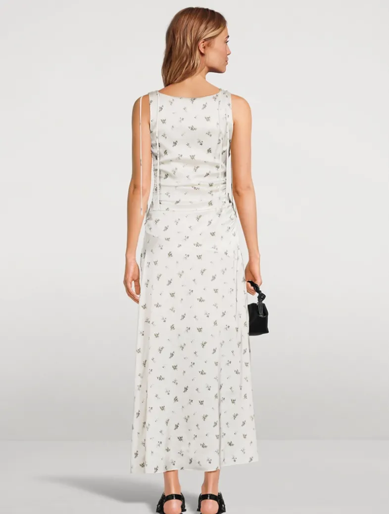 Gathered Satin Maxi Dress In Floral Print