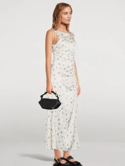 Gathered Satin Maxi Dress In Floral Print