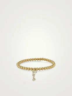 Gold Beaded Bracelet With 14K Gold Diamond Love Script Charm