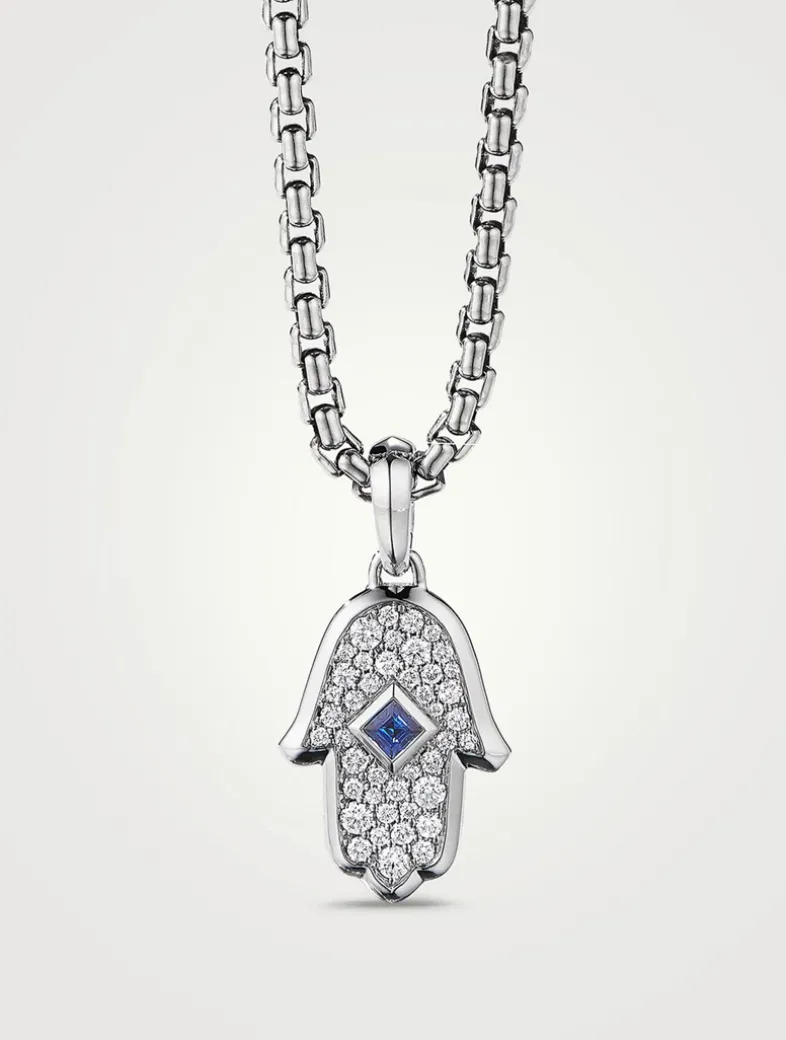 Hamsa Amulet In 18k White Gold With Pavé Diamonds And Blue Sapphire