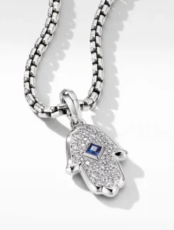 Hamsa Amulet In 18k White Gold With Pavé Diamonds And Blue Sapphire