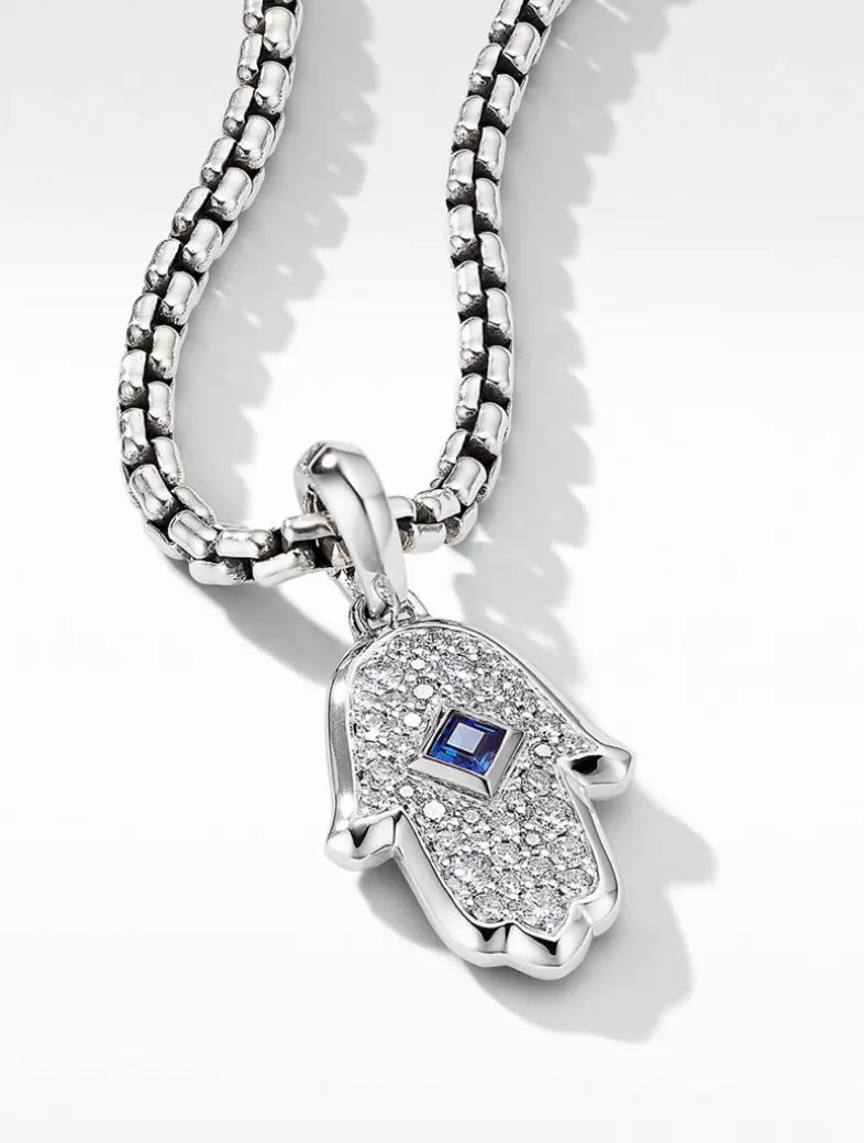 Hamsa Amulet In 18k White Gold With Pavé Diamonds And Blue Sapphire