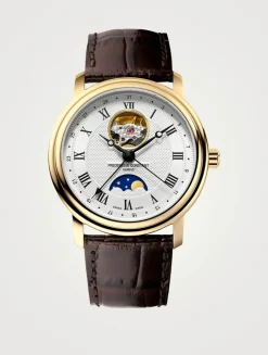 Heart Beat Moonphase-Date Gold-Tone Stainless Steel Leather Strap Watch
