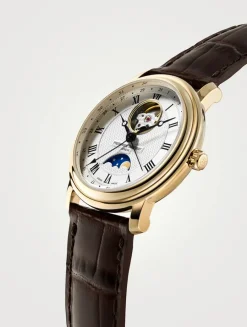 Heart Beat Moonphase-Date Gold-Tone Stainless Steel Leather Strap Watch