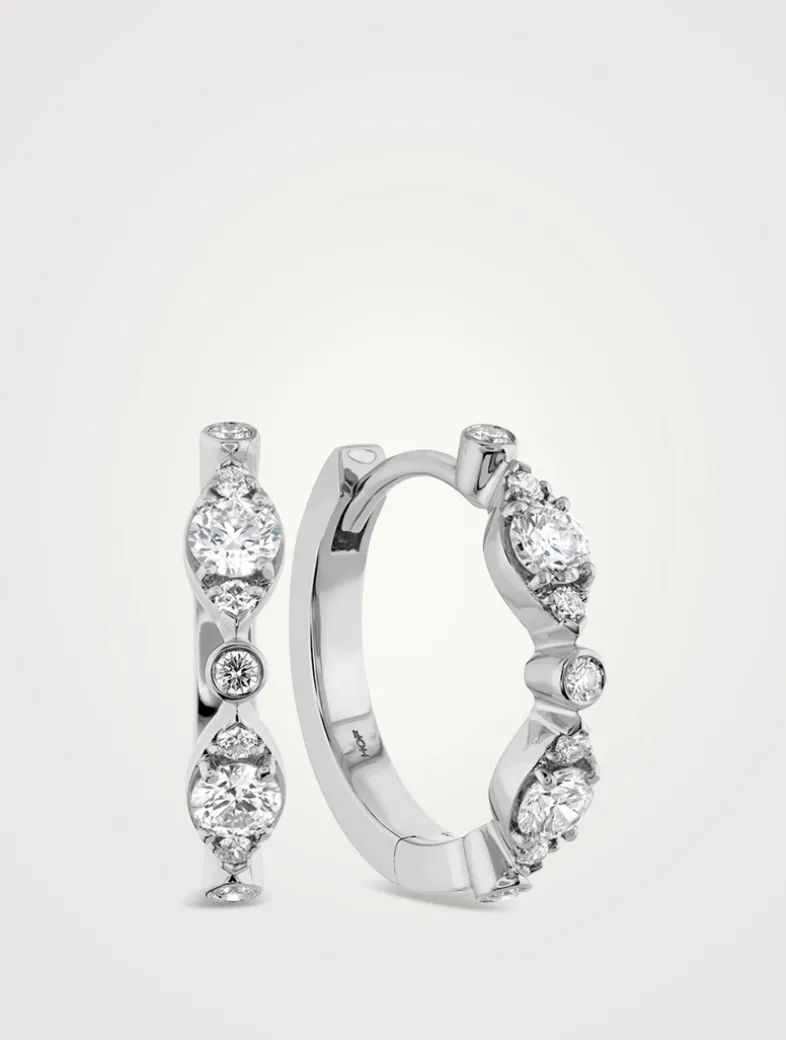 HOF 18K White Gold Bezel Regal Huggie Hoop Earrings With Diamonds