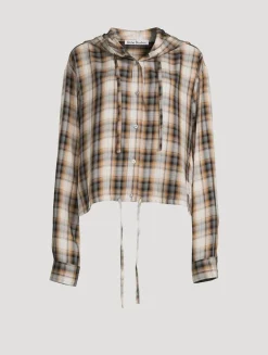 Hooded Drawstring Shirt In Plaid Print