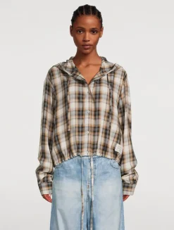 Hooded Drawstring Shirt In Plaid Print