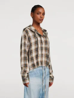 Hooded Drawstring Shirt In Plaid Print