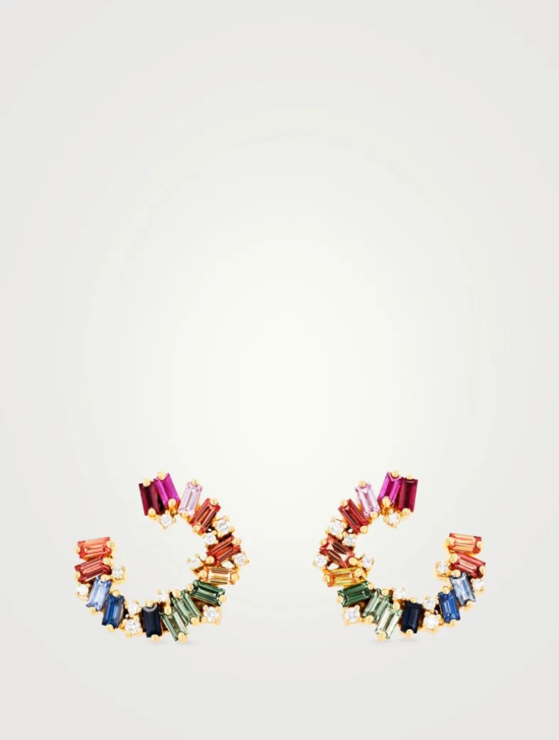 Isla 18K Gold Spiral Hoop Earrings With Rainbow Sapphires And Diamonds