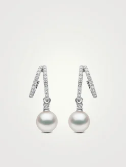 Jazz 18K White Gold Akoya Pearl and Double Hoop Diamond Earrings