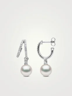 Jazz 18K White Gold Akoya Pearl and Double Hoop Diamond Earrings