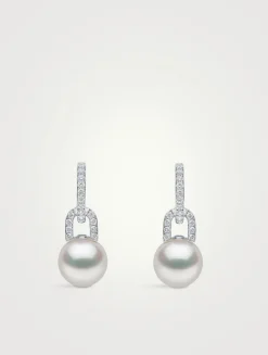 Jazz 18K White Gold Pearl And Double Diamond Earrings