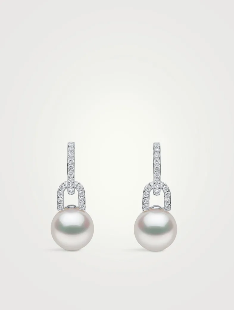 Jazz 18K White Gold Pearl And Double Diamond Earrings