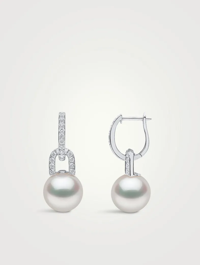 Jazz 18K White Gold Pearl And Double Diamond Earrings