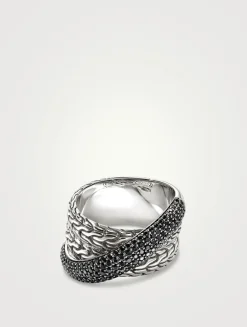 JH Essentials Silver 12.5mm Crossover Ring With Treated Black Sapphire