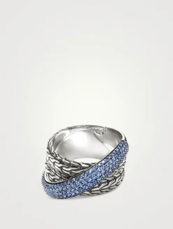 JH Essentials Silver 12.5mm Crossover Ring With Blue Sapphire