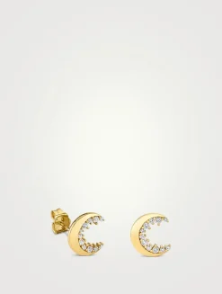 14K Crescent Moon Stud Earrings With Diamonds