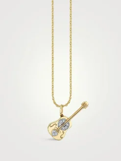 14K Gold Acoustic Guitar Pendant Necklace With Diamonds