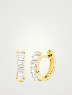 14K Gold Baguette Huggie Earrings With Diamonds