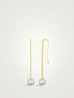 14K Gold Ball Pearl Drop Earrings With Diamonds