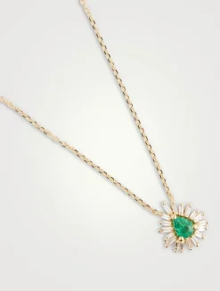 18K Gold Bold One-Of-A-Kind Emerald Diamond Spark Pendant Necklace