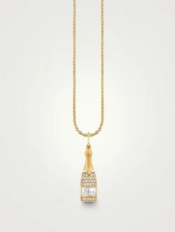 14K Gold Champagne Bottle Pendant Necklace With Diamonds