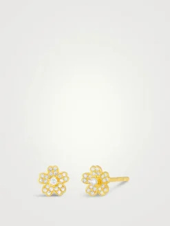 14K Gold Cherry Blossom Earrings With Pavé Diamonds