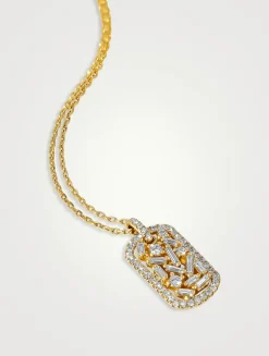18K Gold Classic Small Dog Tag Diamond Pendant Necklace