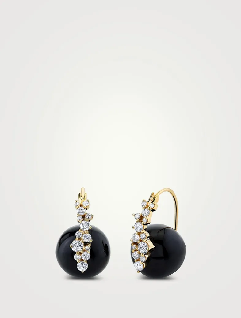 14K Gold Cocktail Black Onyx Bead Earrings With Diamonds