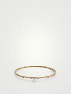 14K Gold Cuff Bracelet With Diamonds And Pearl