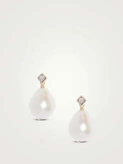 14K Gold Diamond Baroque Pearl Earrings With Diamonds