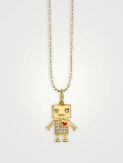 14K Gold Diamond Robot Charm Necklace