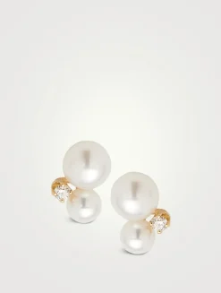 14K Gold Double Pearl Gemstone Stud Earrings With Diamonds
